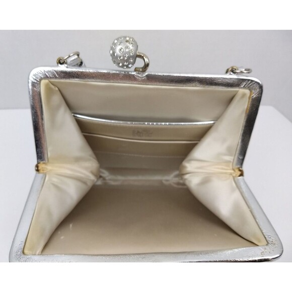 Vintage AFTER FIVE Silver Evening Clutch Hand Bag Rhinestone Orbs Kiss‎ Lock - Picture 8 of 16